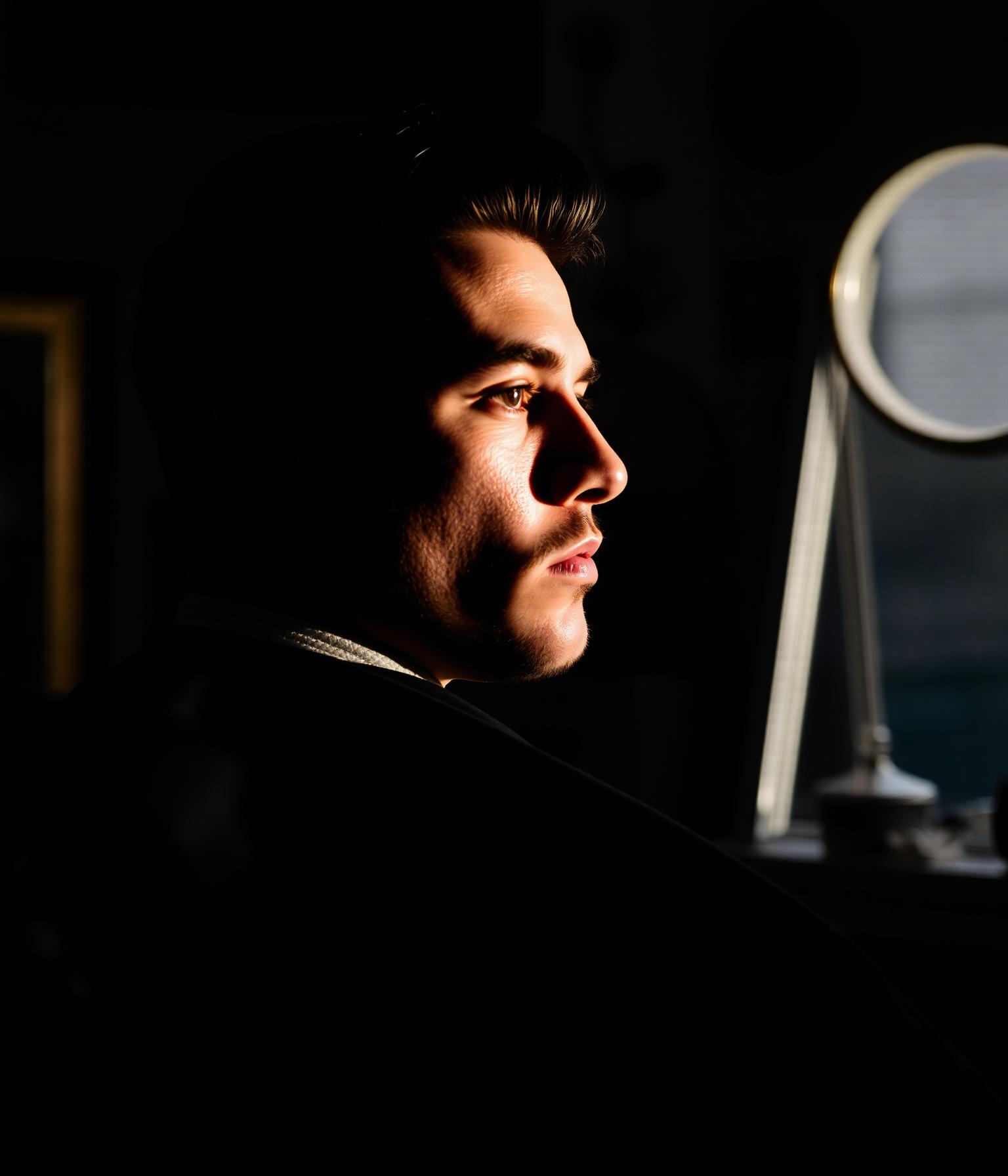 Barber at work in a moody, gold-lit shop