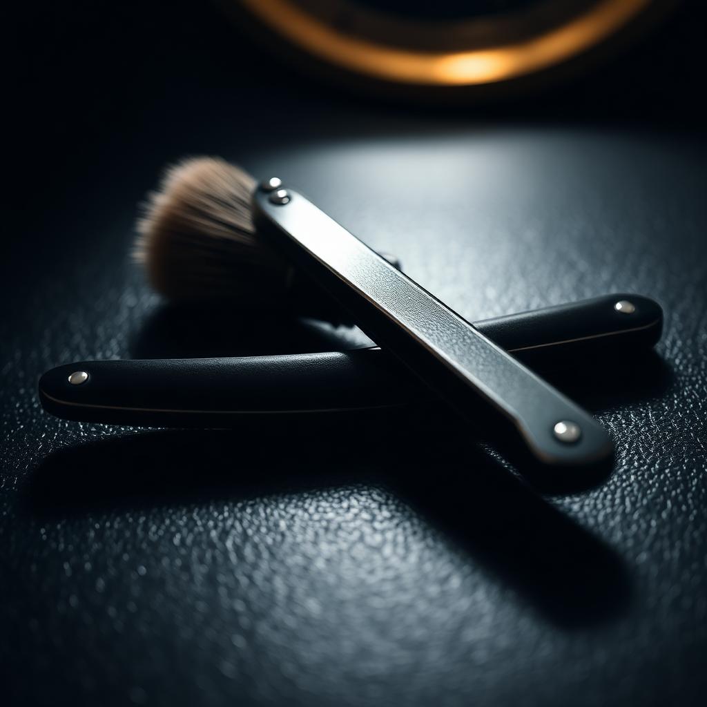 Straight razor and shaving brush on dark leather